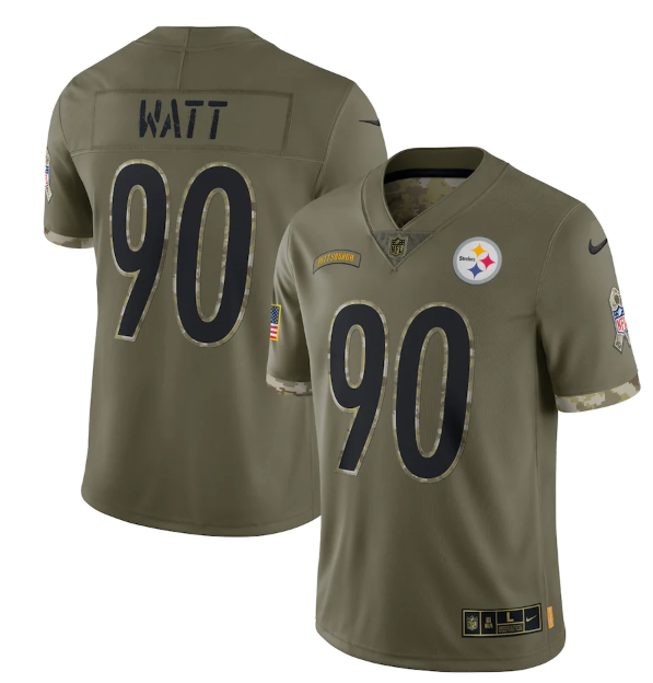 Men's Pittsburgh Steelers #90 T. J. Watt Olive 2022 Salute To Service Limited Stitched Jersey